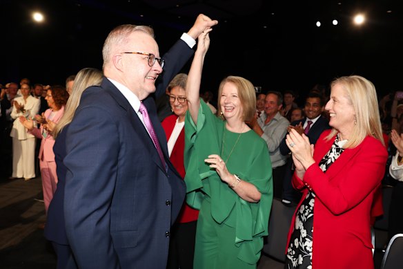 Albanese credited Julia Gillard with championing the Gonski reforms. The pair are pictured at last month’s Labor campaign launch.