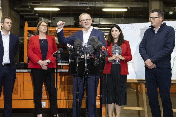 Anthony Albanese at a press conference in Box Hill.