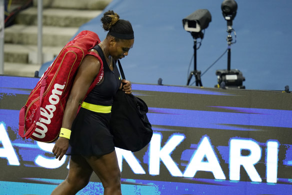 Serena Williams leaves the court after losing to Greece's Maria Sakkari.