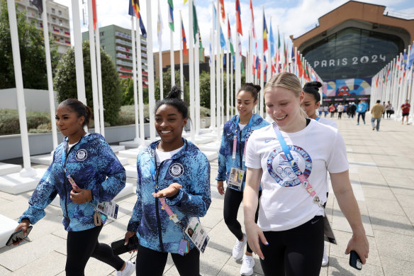 Team USA’s Jordan Chiles, Simone Biles, Jade Carey, Sunisa Lee and Hezly Rivera in the athletes’ village.