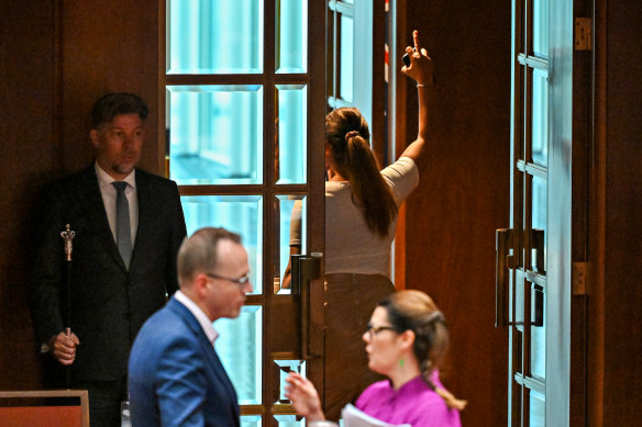 Independent senator Lidia Thorpe leaves the Senate chamber on Wednesday morning.
