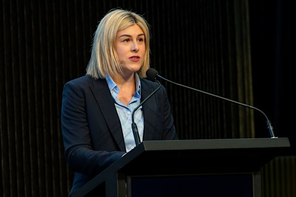 Jess Wilson speaking at Melbourne Assembly.