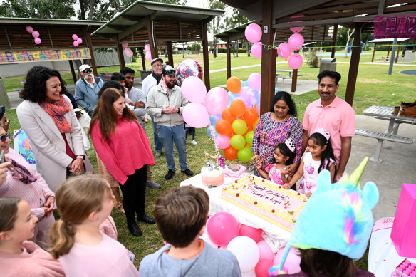 Biloela celebrates the fifth birthday of Tharnicaa Nadesalingam, alongside her sister Kopika and parents Priya and Nades.