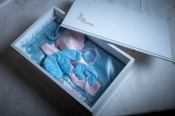 An angel box made by Croydon Men’s Shed, containing items made by Treasured Babies volunteers.