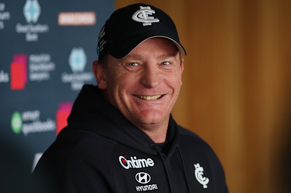 Carlton coach Michael Voss addressing the media recently.