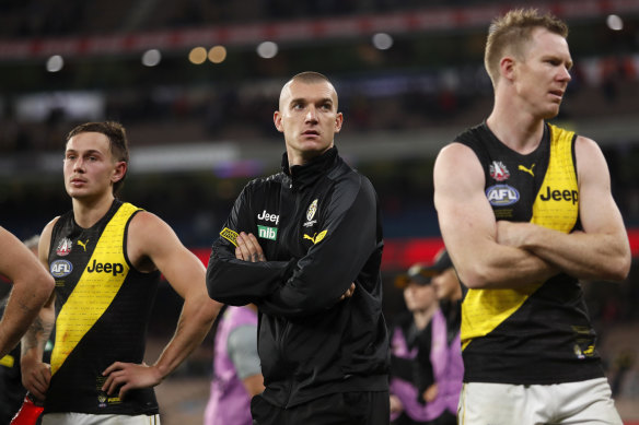 Dustin Martin suffered concussion during the Tigers’ loss to Melbourne on Saturday and will miss this weekend’s game.