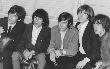 The Rolling Stones on arrival in Australia. From left: Keith Richards Bill Wyman Charlie Watts Brian Jones and Mick Jagger.