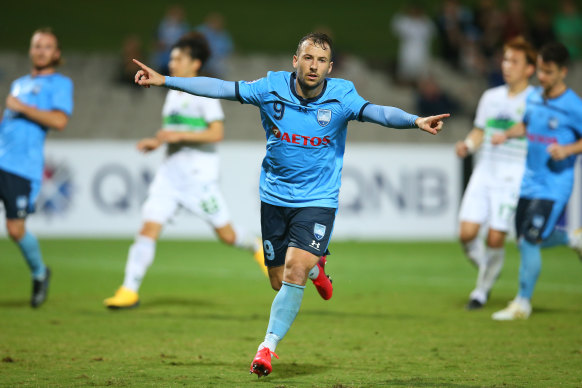 Sydney FC star Adam Le Fondre celebrates a goal against Jeonbuk Hyundai Motors back in March.