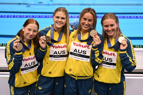 Mollie O’Callaghan, Shayna Jack, Brianna Throssell and Ariarne Titmus after winning gold in the women’s 4x200m freestyle relay. 