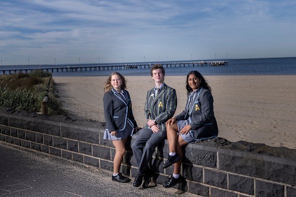 Albert Park College year 9 students Salome Umbach, Felix Hessel and Ditya Chaudhary at the beach which is used as a classroom for their environmental studies.
