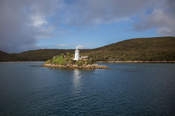 Bonnet Island, which lies at the entrance to Macquarie Harbour.