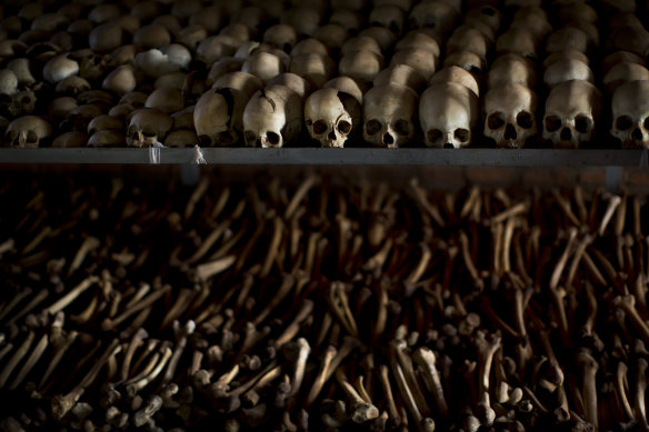 The skulls and bones of some of those slaughtered are laid out on shelves in an underground vault as a memorial to the thousands who killed in and around the Catholic church in Nyamata, Rwanda, during the 1994 genocide. 