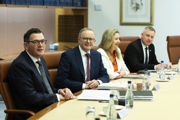 Victorian Premier Daniel Andrews, Prime Minister Anthony Albanese, Queensland Premier Annastacia Palaszczuk and Tasmanian Premier Jeremy Rockliff at Thursday’s national cabinet meeting.