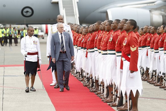 Prime Minister Anthony Albanese inspects the Honour Guard on arrival into Nadi Airport, Fiji. 