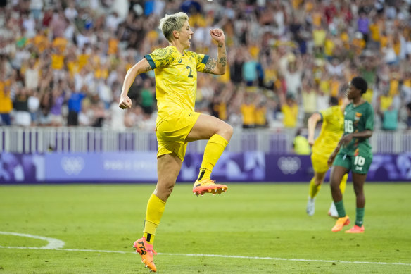 A hop, skip and a win: Matildas’ Michelle Heyman celebrates beating Zambia.