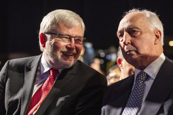 Former prime ministers Kevin Rudd and Paul Keating at labor federal election campaign launch this year.