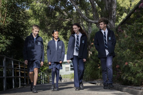 From left: Year 8 students Josh Bencsik and Zoe Rasinathan, year 11 students Scarlett Kimber and Manuel Villasmil, all wearing the Australian-first schoolwear jacket made from plastic bottles.