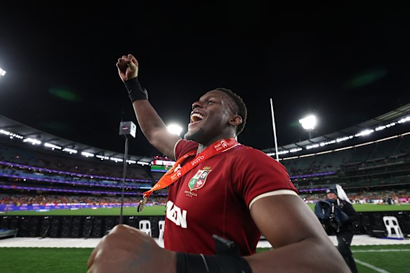 Maro Itoje of the British & Irish Lions celebrates victory after the second test of the series between the Wallabies and the British & Irish Lions at the Melbourne Cricket Ground