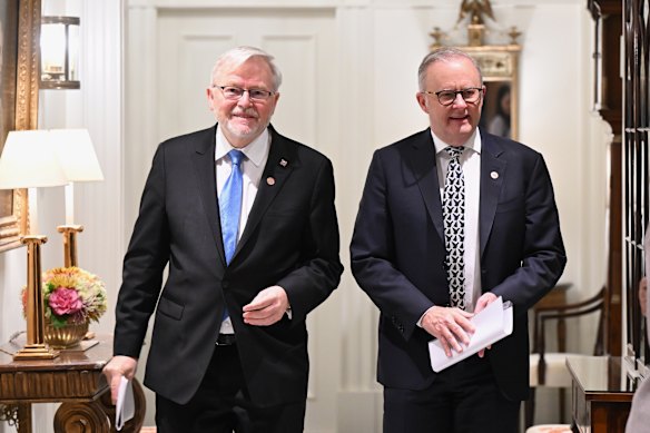 Prime Minister Anthony Albanese and Australia’s US ambassador, Kevin Rudd, arrive for a breakfast meeting with members of the Friends of Australia Caucus in Washington on Tuesday.
