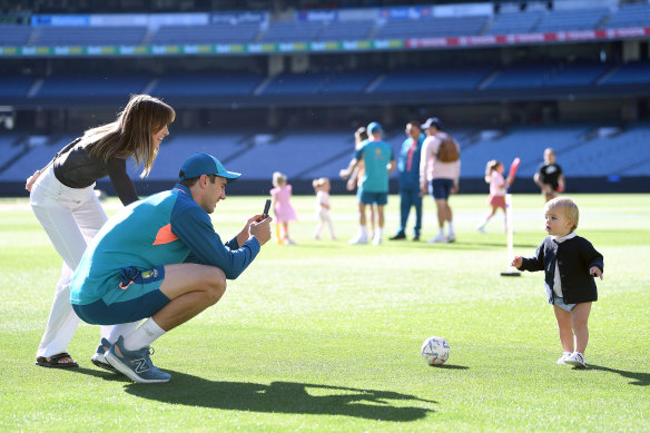 Pat Cummins with wife Becky and son Albie at the MCG on Christmas Day.