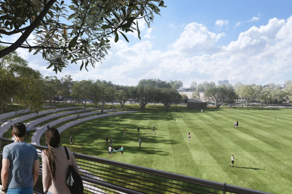 An artist’s impression of the 9.5 hectares of parkland to be created above the site of the underground interchange for WestConnex at Rozelle.