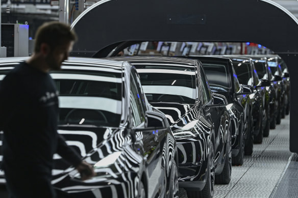 Electric vehicles at a Tesla plant in China, which has introduced similar restrictions on combustion vehicles  to those passed by the EU.