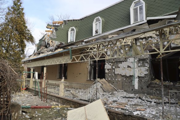 A view of a restaurant where several people, including Dmitry Rogozin, the former Russian deputy prime minister and one-time head of the state space agency Roscosmos, were wounded.