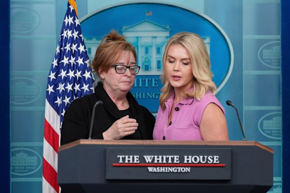 Patty Morin, whose daughter was murdered by an illegal immigrant, embraces White House press secretary Karoline Leavitt after a press briefing where she told her story and backed up the president’s hard-line deportation policies.