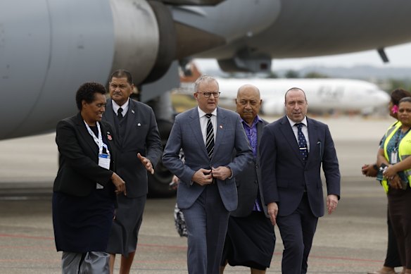 Prime Minister Anthony Albanese arrives at Nadi Airport for the Pacific Pre-COP31 meeting. Regional leaders will also visit Tuvalu to spotlight the existential threat rising seas pose to low-lying Pacific nations. 
