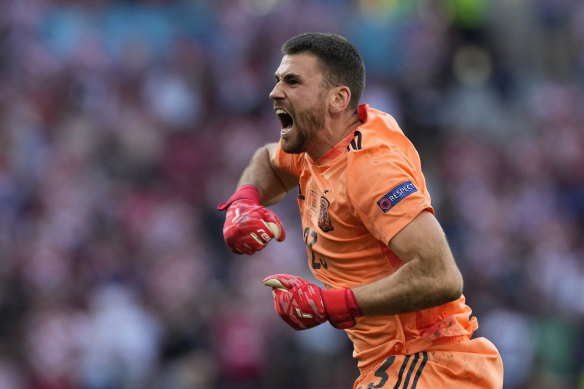 Unai Simon had particular reason to celebrate Spain’s fifth goal after his bizarre error gifted Croatia the early lead in their round-of-16 Euro 2020 clash.