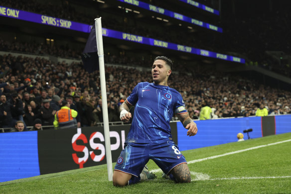 Enzo Fernandez celebrates the goal that put Chelsea ahead.