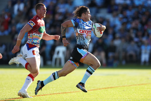 Nicho Hynes makes a break against the Knights on Saturday.