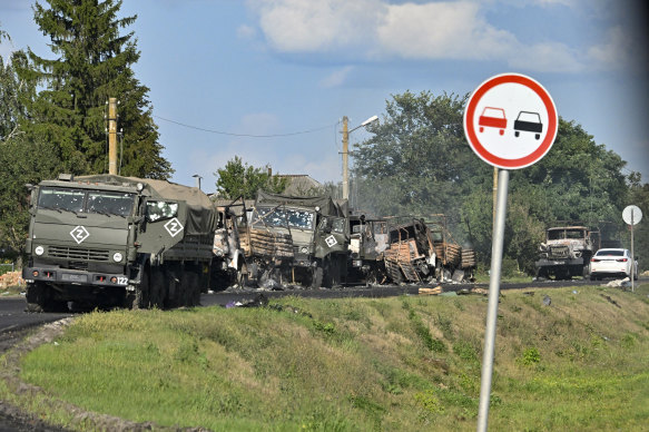 A column of Russian army trucks damaged by shelling by the Ukrainian armed forces on a highway in the Kursk region of Russia.