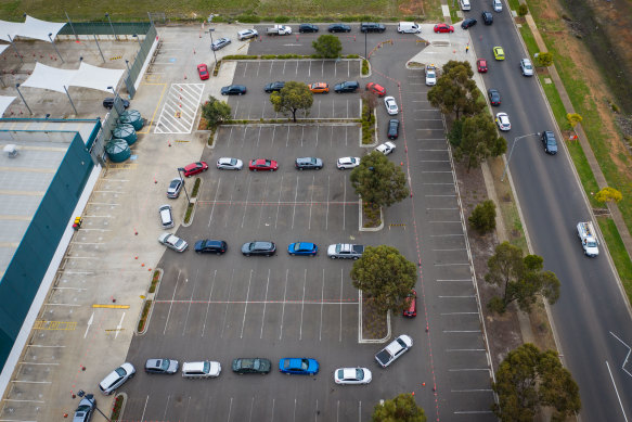 An aerial view of Melbourne’s new drive-through vaccination centre in Melton.  