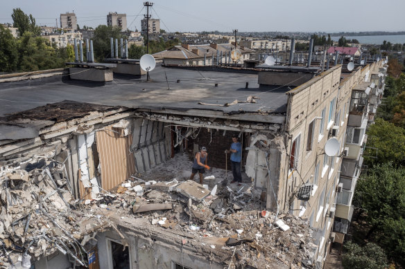 A bombed-out apartment building in Nikopol, Ukraine. 