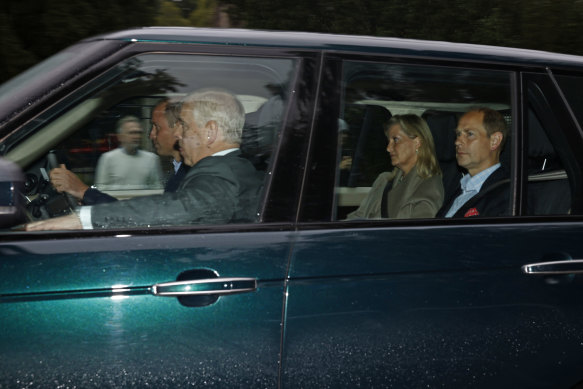 Prince William drives his uncles, Prince Andrew and Prince Edward, and aunt Sophie, Countess of Wessex, into the grounds of Balmoral Castle.