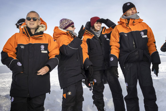 New Zealand Prime Minister Jacinda Ardern and partner Clarke Gayford 
 (right) are shown the site by Antarctica New Zealand chief executive Sarah Williamson (second from left).