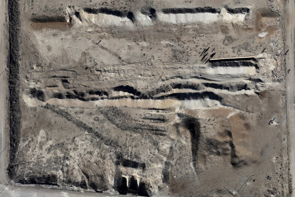 An aerial view of the site identified as a mass grave in Najha, southern Damascus.