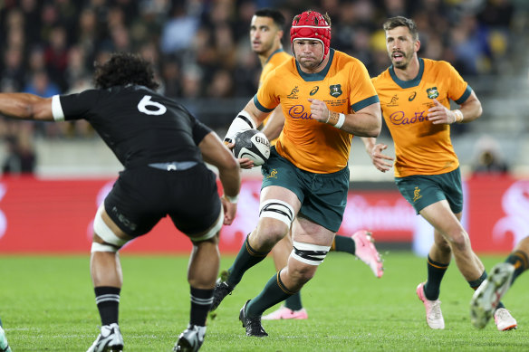 Wallabies captain Harry Wilson on the charge against New Zealand.