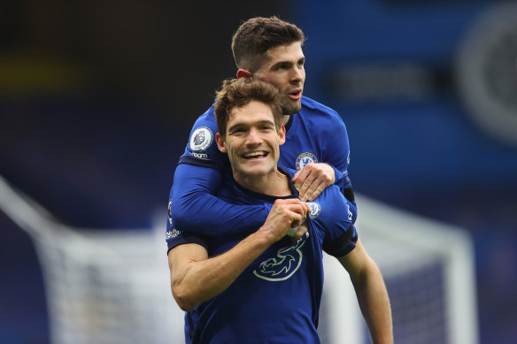 Marcos Alonso celebrates scoring for Chelsea.