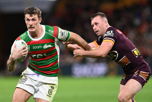 Souths centre Campbell Graham makes a break against the Broncos on Thursday night.