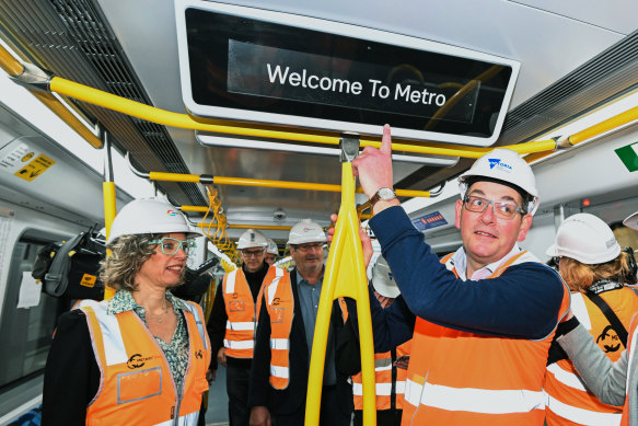 Premier Daniel Andrews and the Minister for Transport and Infrastructure, Jacinta Allan, at the Metro Tunnel Anzac Station construction site in July 2023.