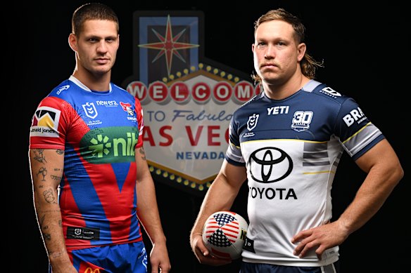 Newcastle’s Kalyn Ponga and North Queensland’s Reuben Cotter.