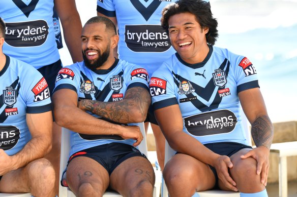 NSW wingers Josh Addo-Carr and Brian To’o share a laugh at the start of last week.