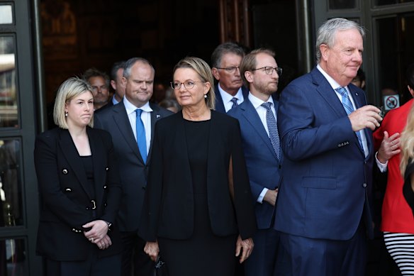 Liberal luminaries at Katie Allen’s funeral, from left, Victorian opposition leader Jess Wilson, federal shadow treasurer Ted O’Brien, federal Liberal leader Sussan Ley, finance spokesman James Paterson and former treasurer Peter Costello.