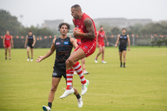 Lance Franklin takes a grab at the GWS Giants’ home base on Sunday.