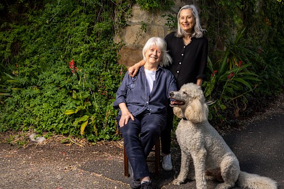 Drusilla Modjeska (left) and Julie Rrap with Julie’s dog, Cirrus. Drusilla calls the poodle “her gentleman caller”.