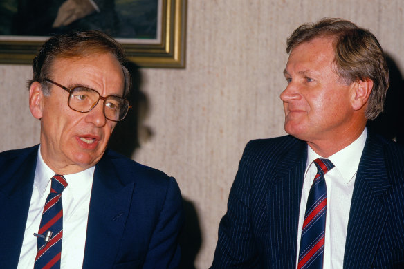 Rupert Murdoch and Ken Cowley in 1986 in their then respective roles as News Limited chief executive and managing director.