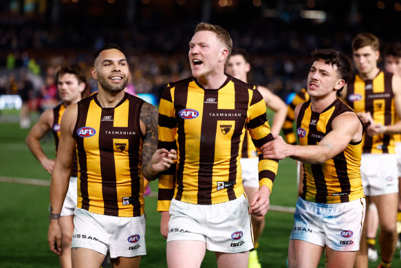 Hawks skipper James Sicily reacts to Ken Hinkley’s spray post game.