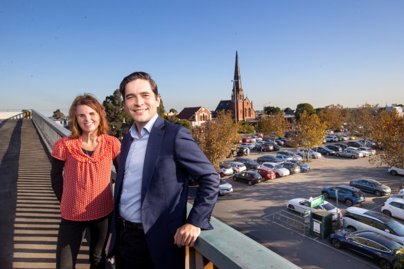 Moonee Valley Mayor Pierce Tyson and ward councillor for Moonee Ponds Rose Iser overlooking the Pratt Street Woolworths car park that council would like to place underground and turn the area into public open space.
